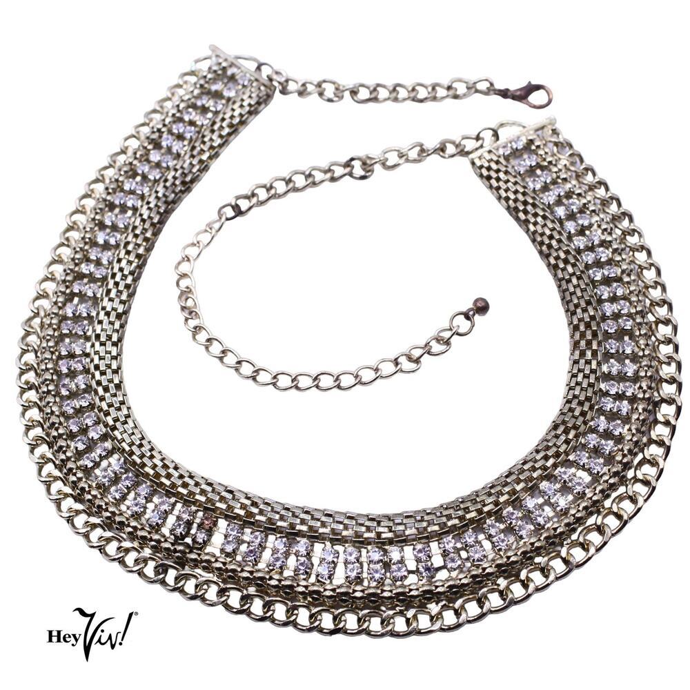 Vintage Gold Tone Rhinestone Mesh Chain Statement Necklace 25" Glam - Hey Viv !